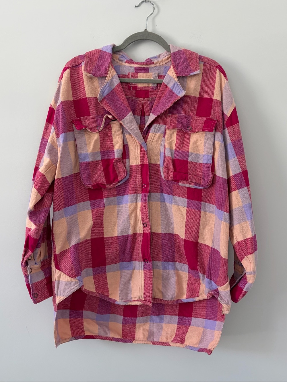 Free People We The Free Izzie Buffalo Check Plaid Cargo Flannel Shirt Pink Red S